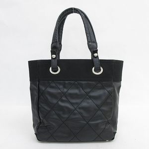 Chanel Paris Biarritz Tote Bag PM Black Black Canvas x Leather